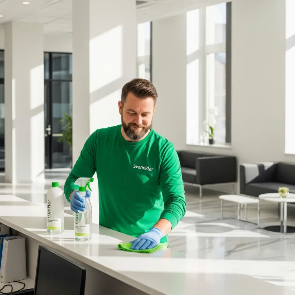 Professionel-Svaneklar-medarbejder-i-grøn-langærmet-trøje-rengør-moderne-reception-med-miljøvenlige-produkter