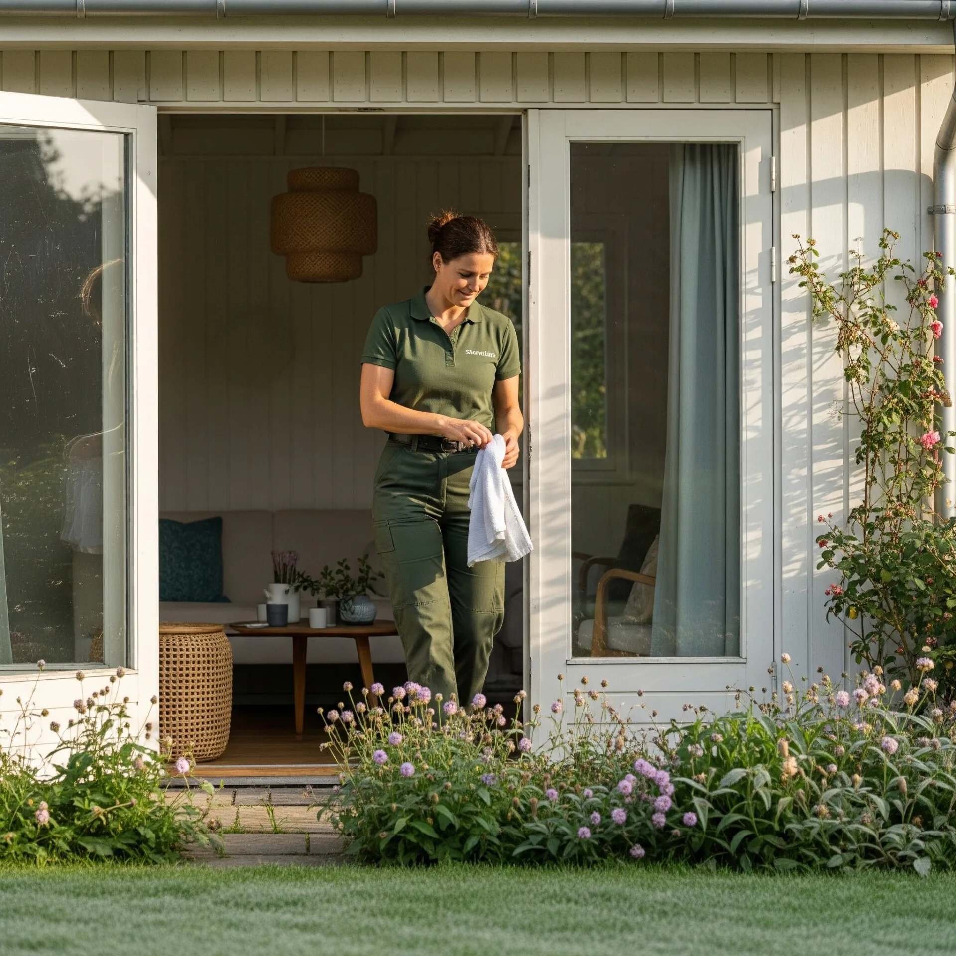 Kvinde i grønt Svaneklar tøj gør rent i sommerhus med store vinduer.