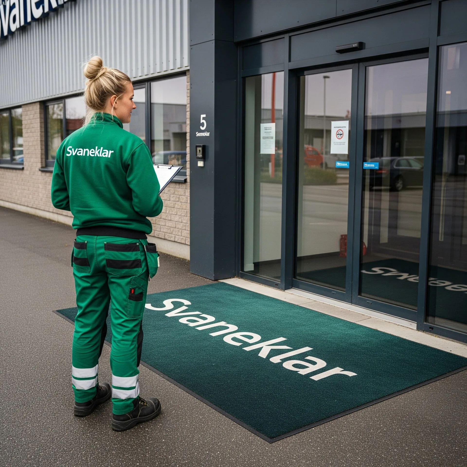 Kvinde i grønt Svaneklar tøj vasker stor måtte i vaskeri med store industrimaskiner.