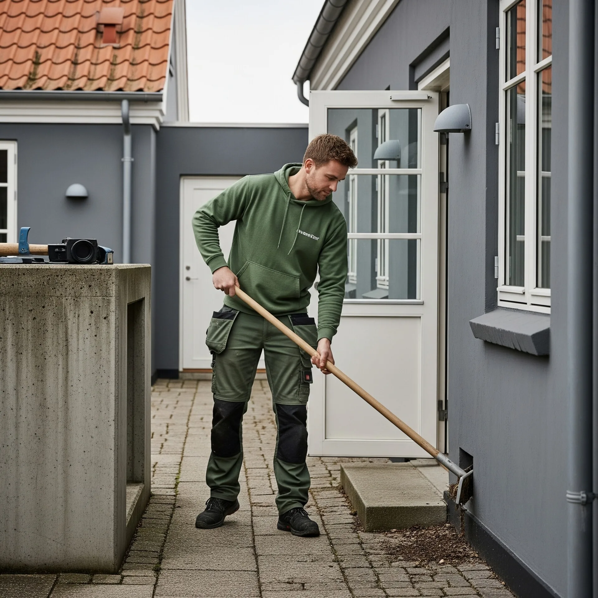 Mand i grønt Svaneklar tøj fejer udenfor lejlighedsbygning.