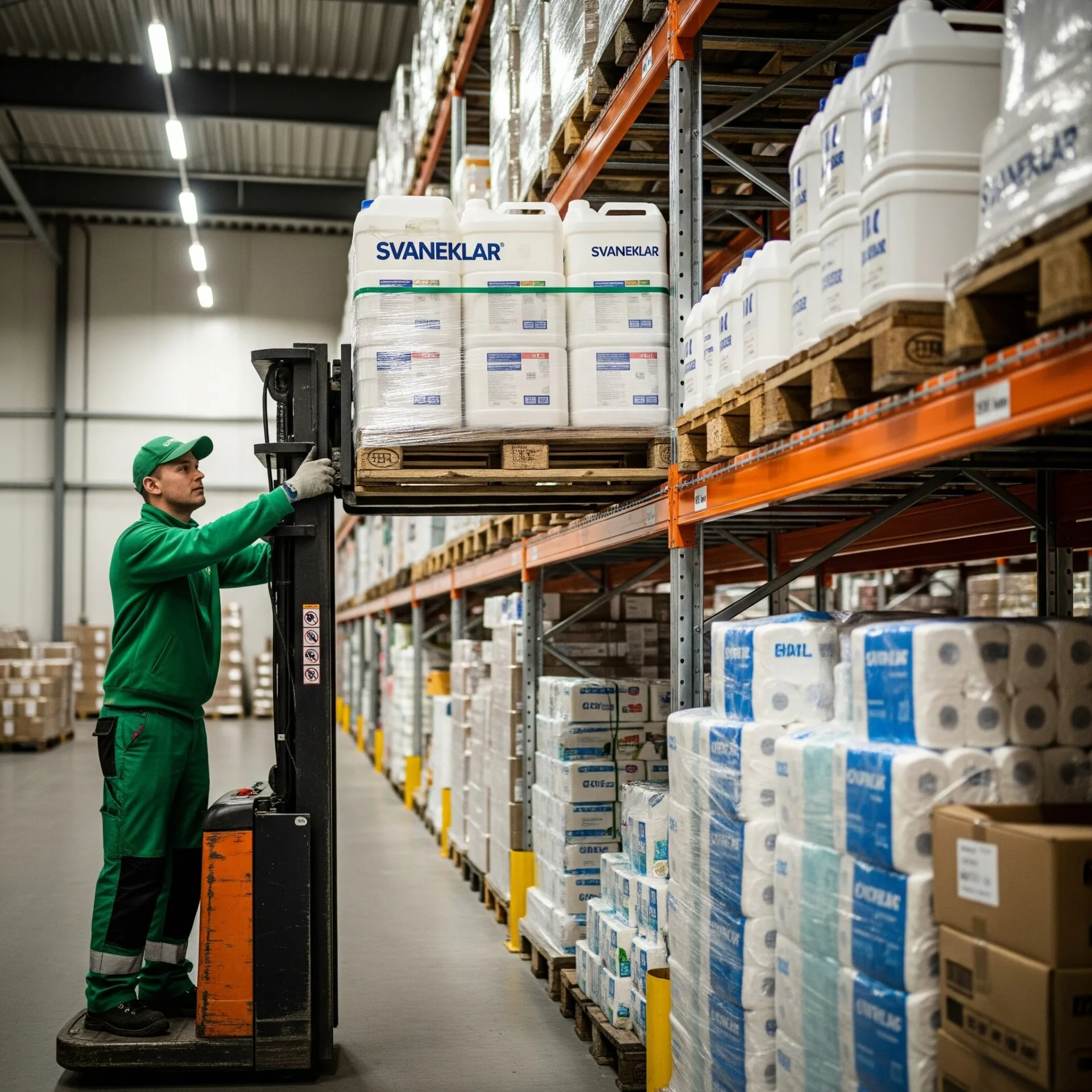 Svaneklar medarbejder fylder op med store sæbebeholdere og papir på lagerhylde. Grønt arbejdstøj