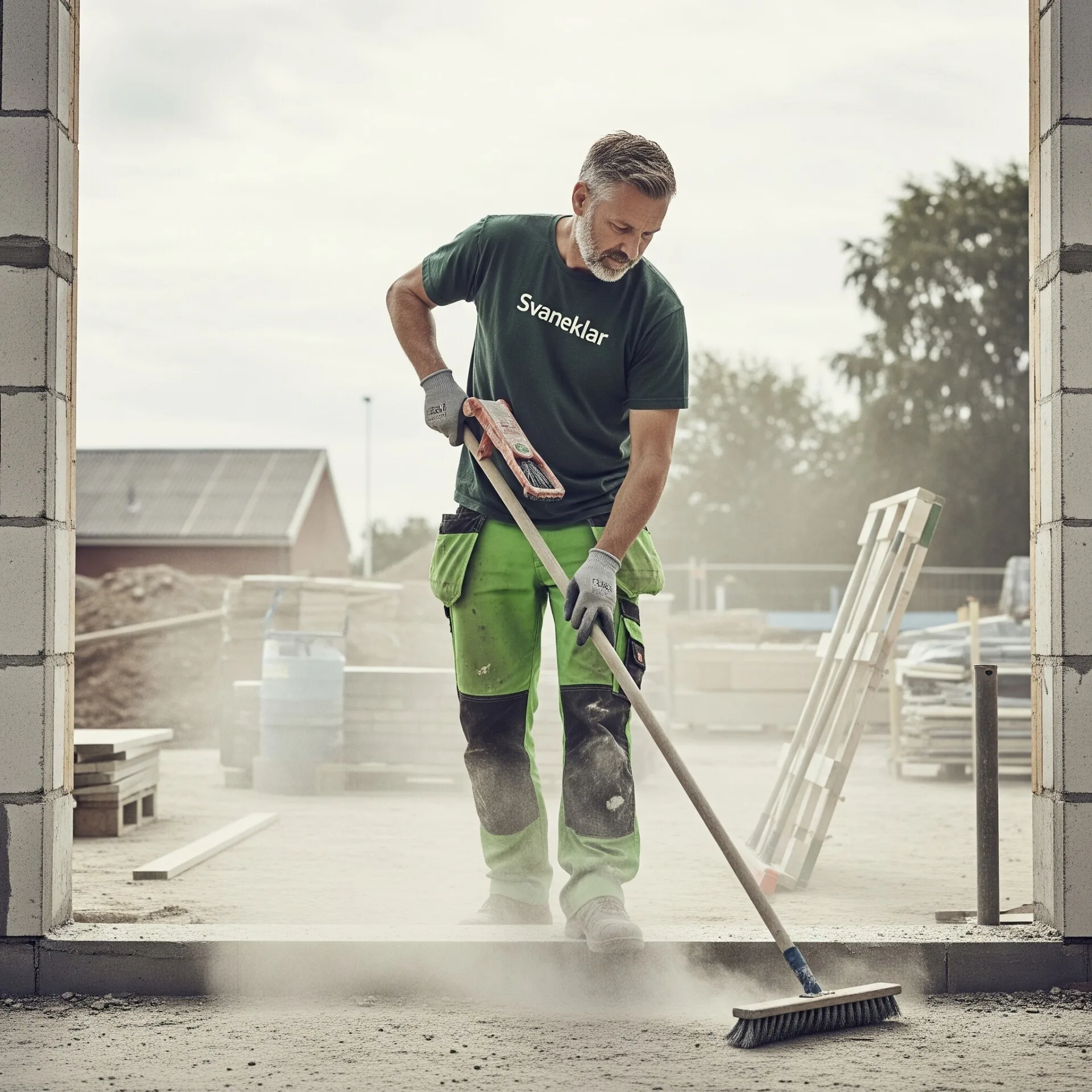 Svaneklar medarbejder gør rent på byggeplads med værktøj og støv i baggrunden, iført grønt arbejdstøj i simpelt dansk miljø.