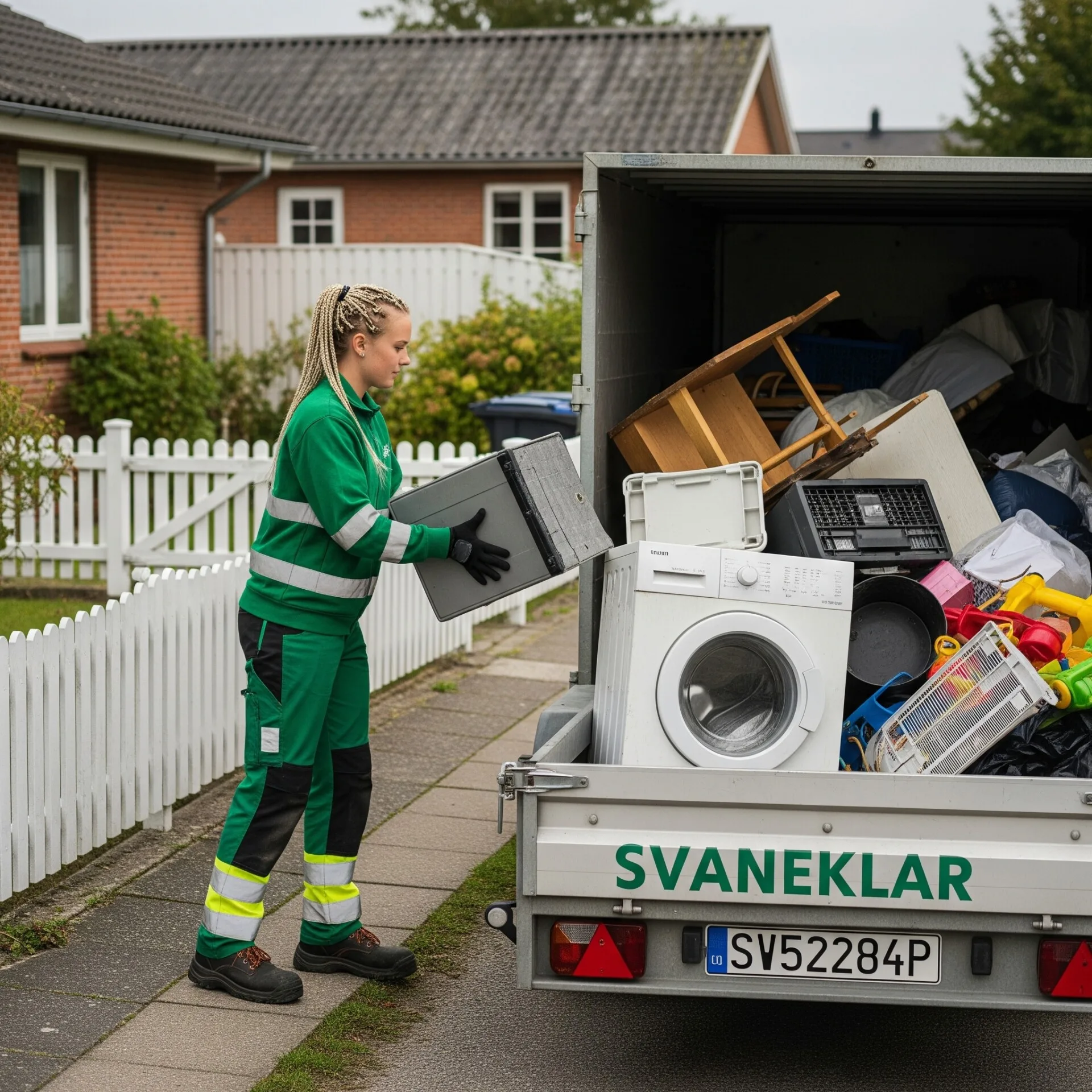 Svaneklar medarbejder læsser storskrald i trailer ved bolig, iført grønt arbejdstøj i simpelt dansk miljø.