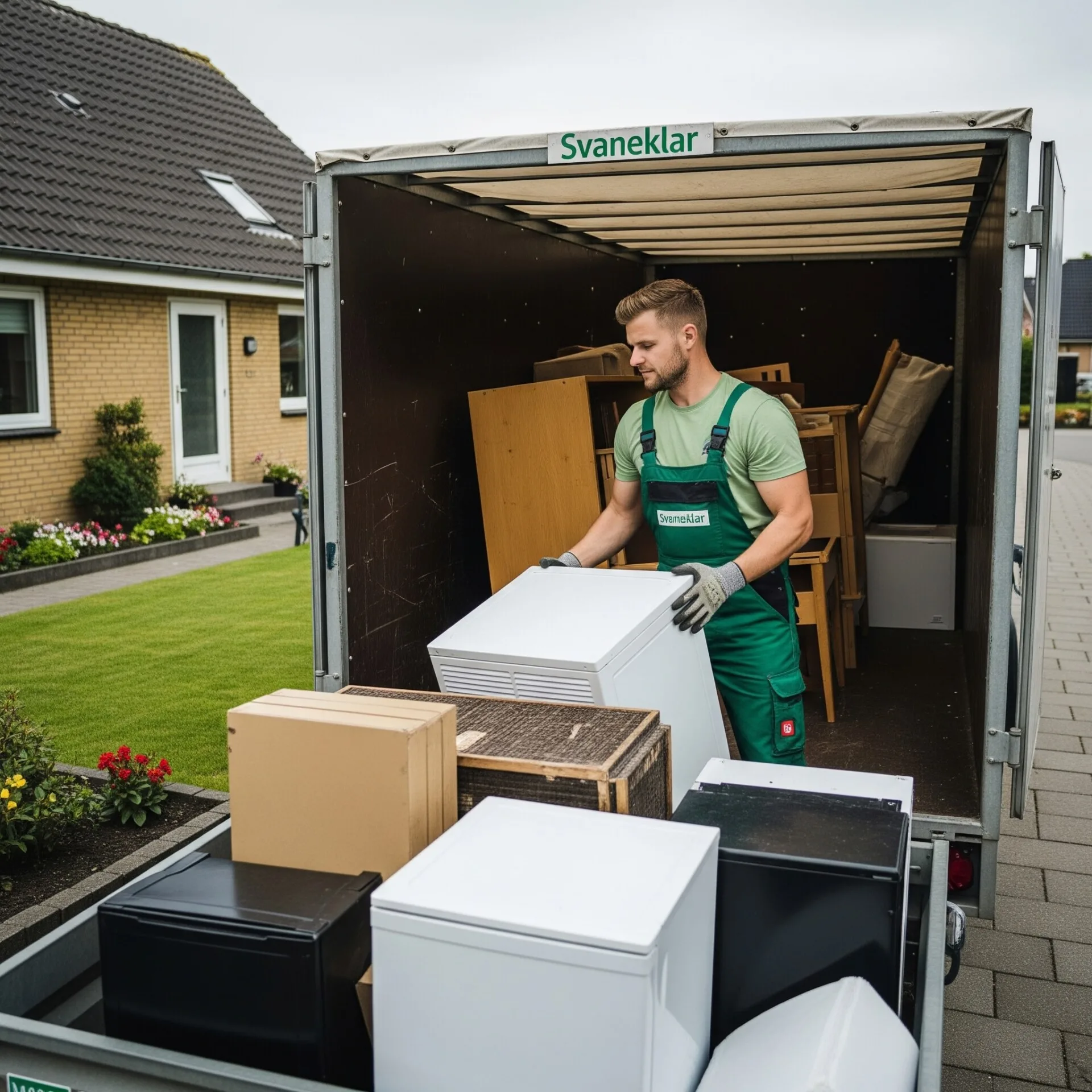 Svaneklar medarbejder læsser storskrald i trailer ved hus. Grønt arbejdstøj, klar til genbrugsplads.