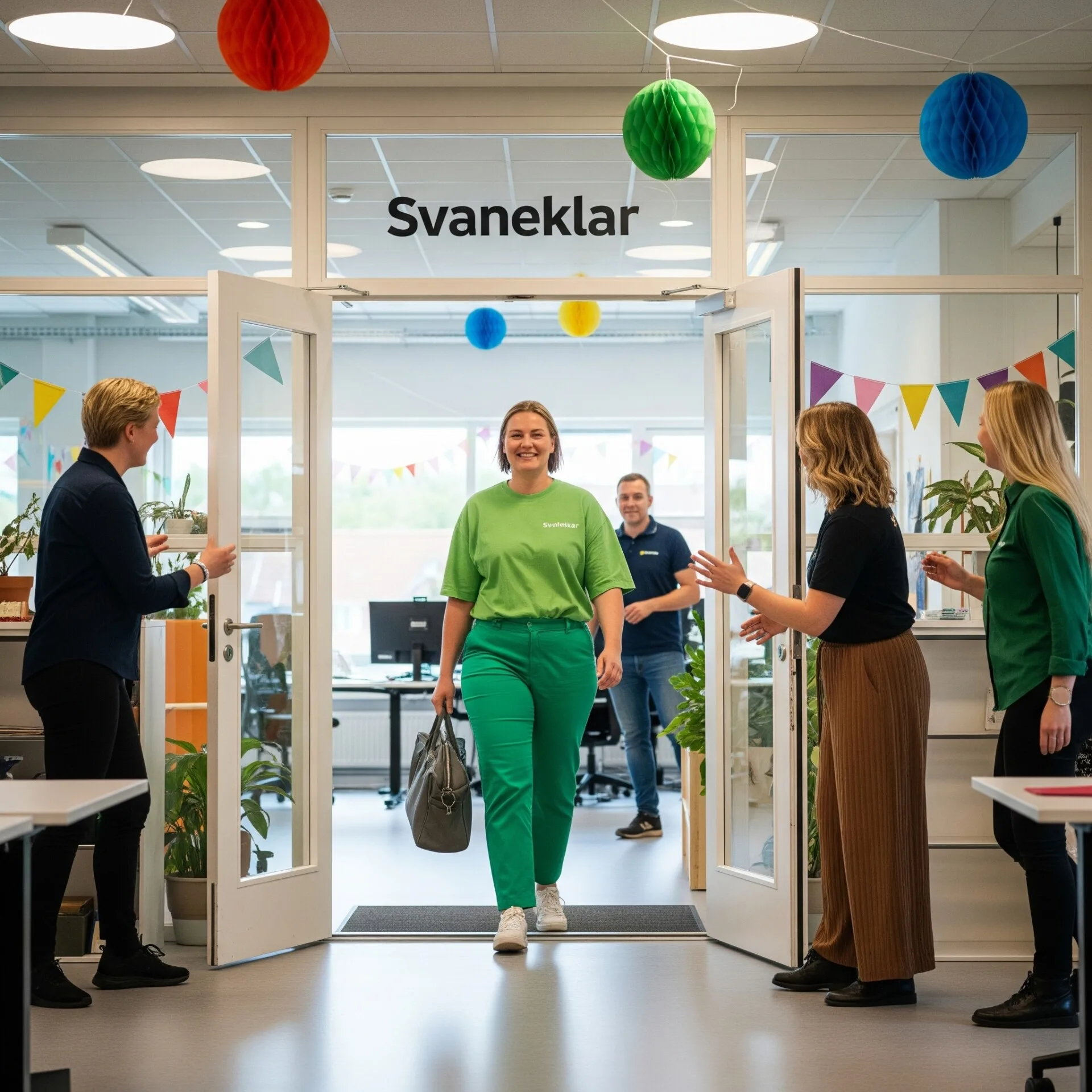 Svaneklar medarbejder møder ind på ny arbejdsplads. Grønt tøj, venlig stemning.
