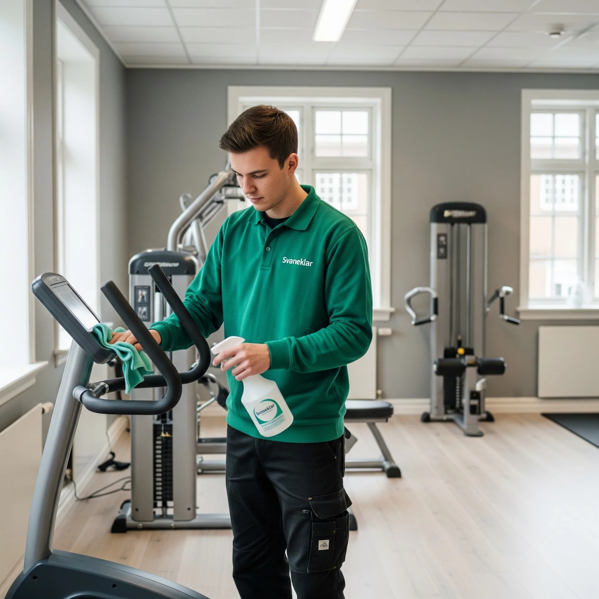 Svaneklar medarbejder spritter træningsmaskine af i fitnesslokale, iført grønt arbejdstøj i simpelt dansk miljø.