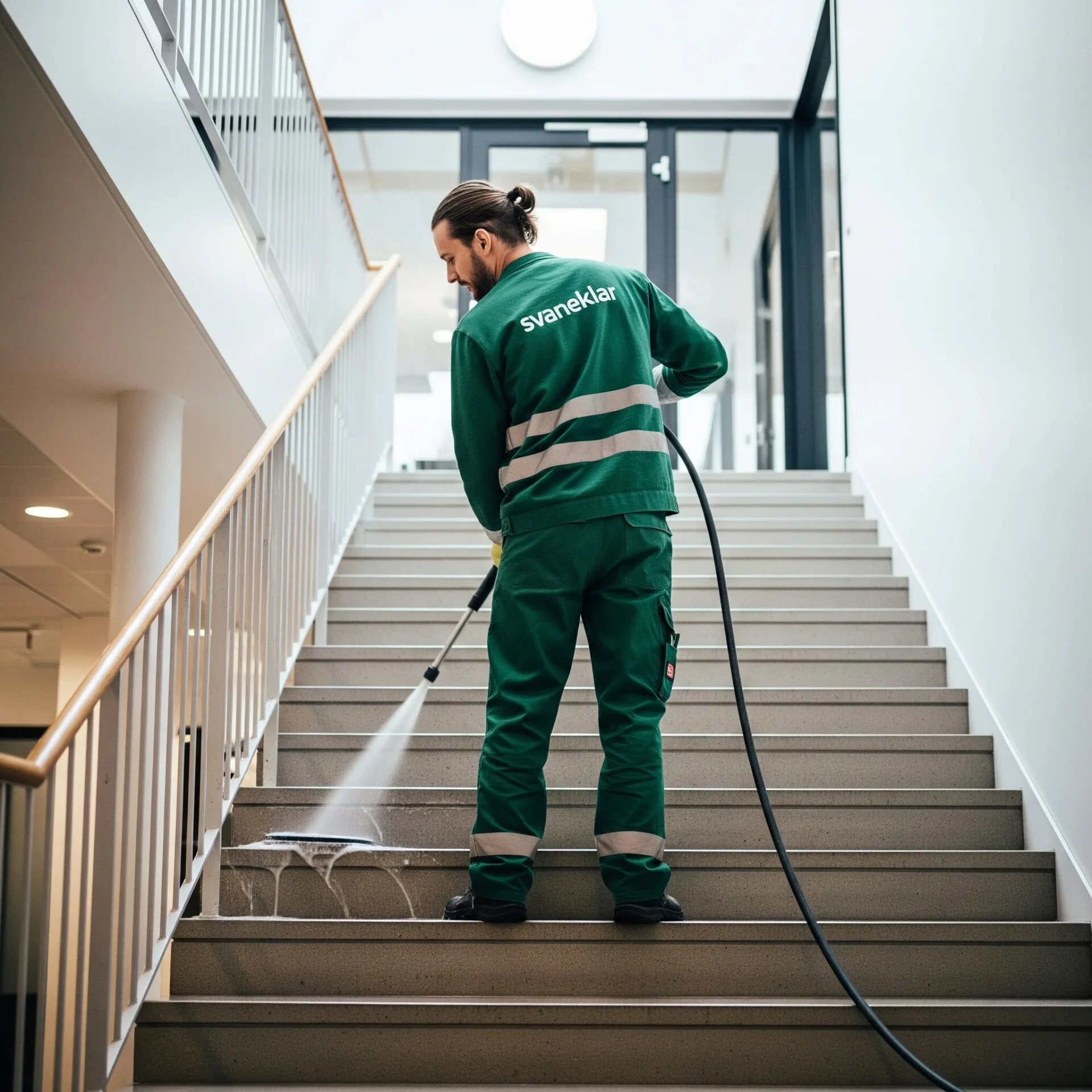Svaneklar medarbejder vasker trapper i erhvervsejendom med gelænder, iført grønt arbejdstøj