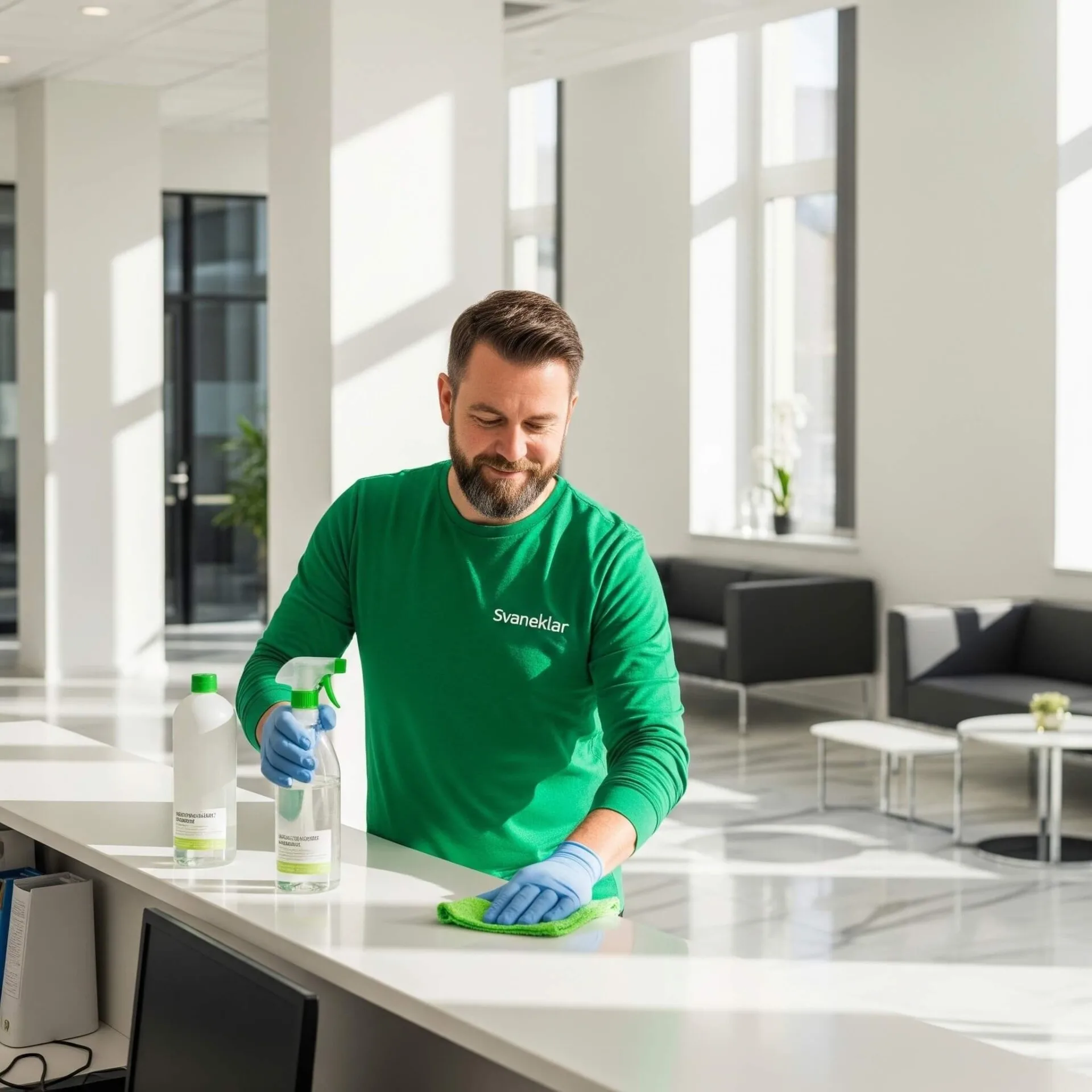 glad svane medarbejder sprayer miljøvenligt rengøringsmiddel med smil