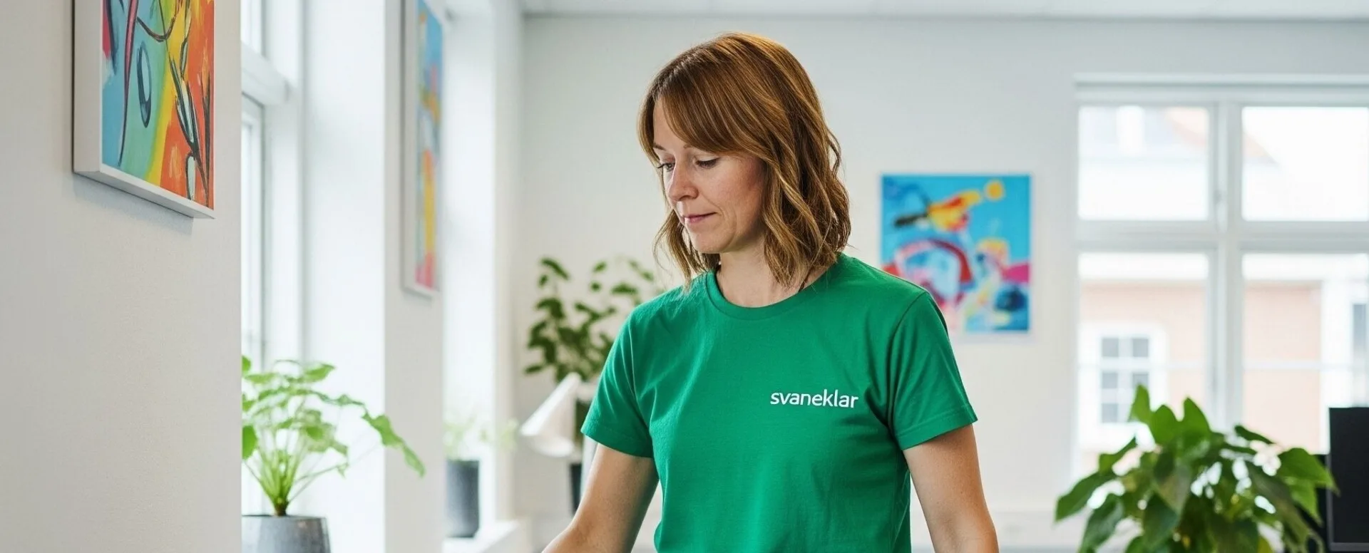 kvindelig svane medarbejder smiler og udfører rengøring på arbejdsplads