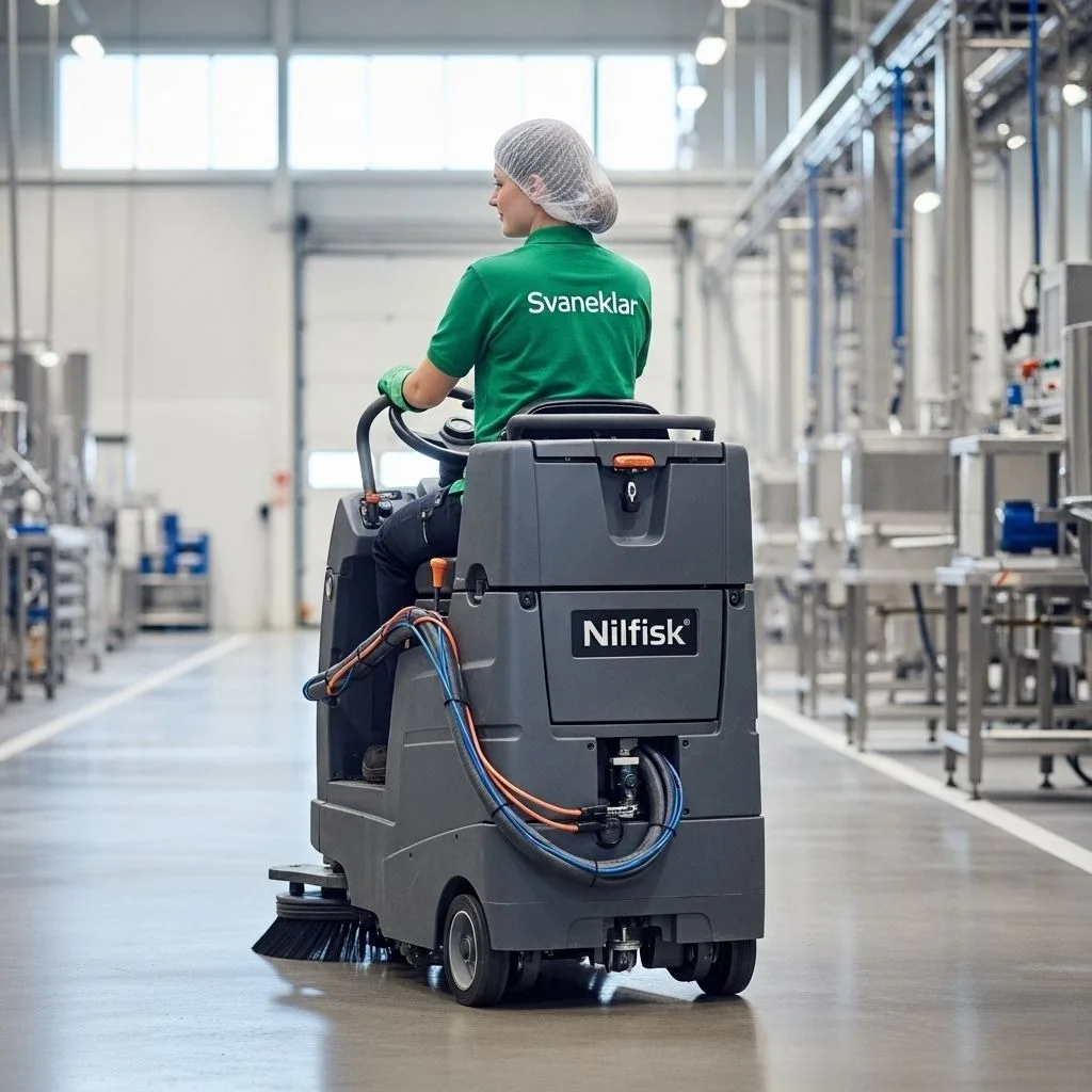 svane medarbejder kører nilfisk rengøringsmaskine effektiv industrirengøring