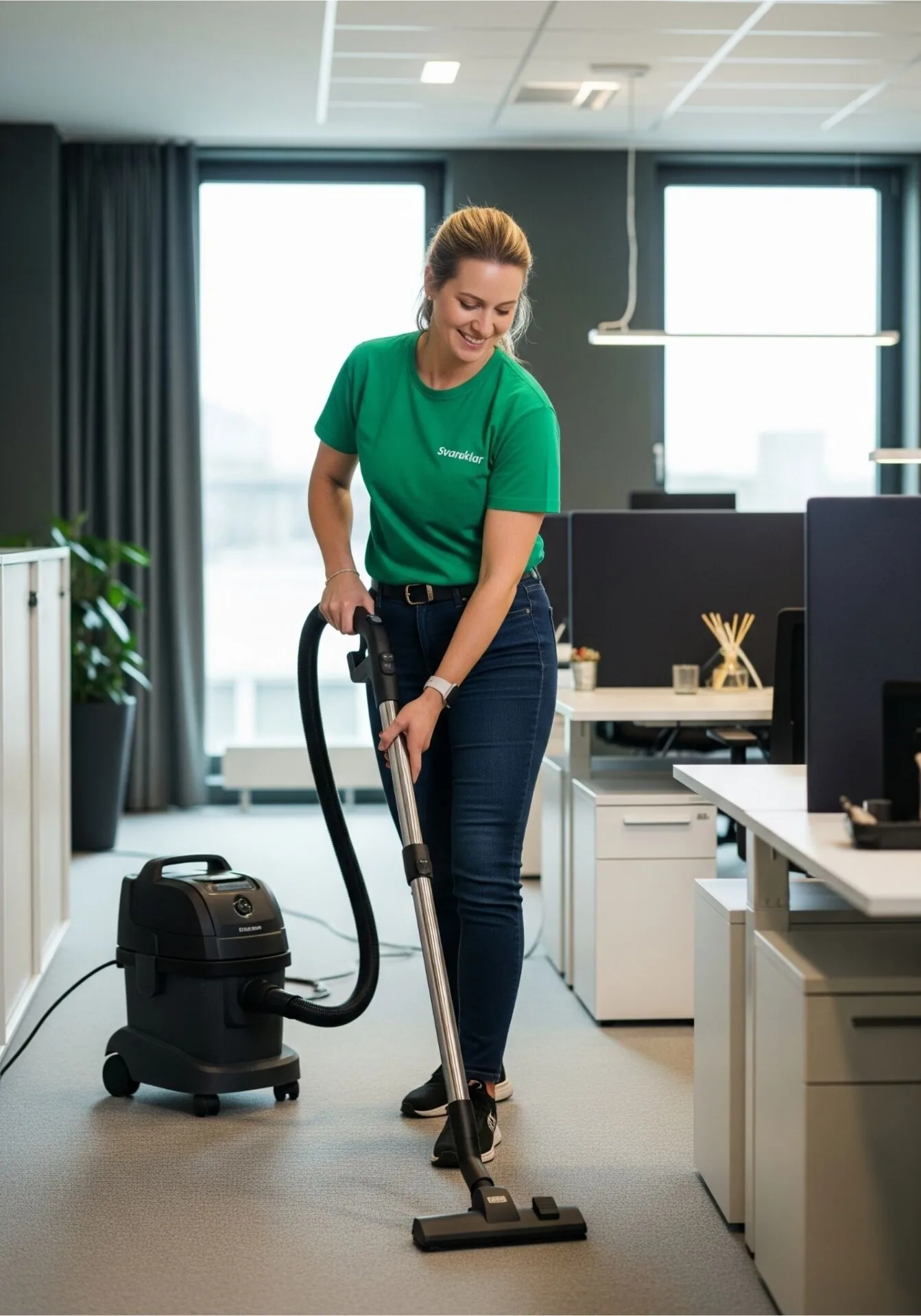 svane medarbejder kvinde gør rent i tæppe smilende og professionel i arbejdstøj