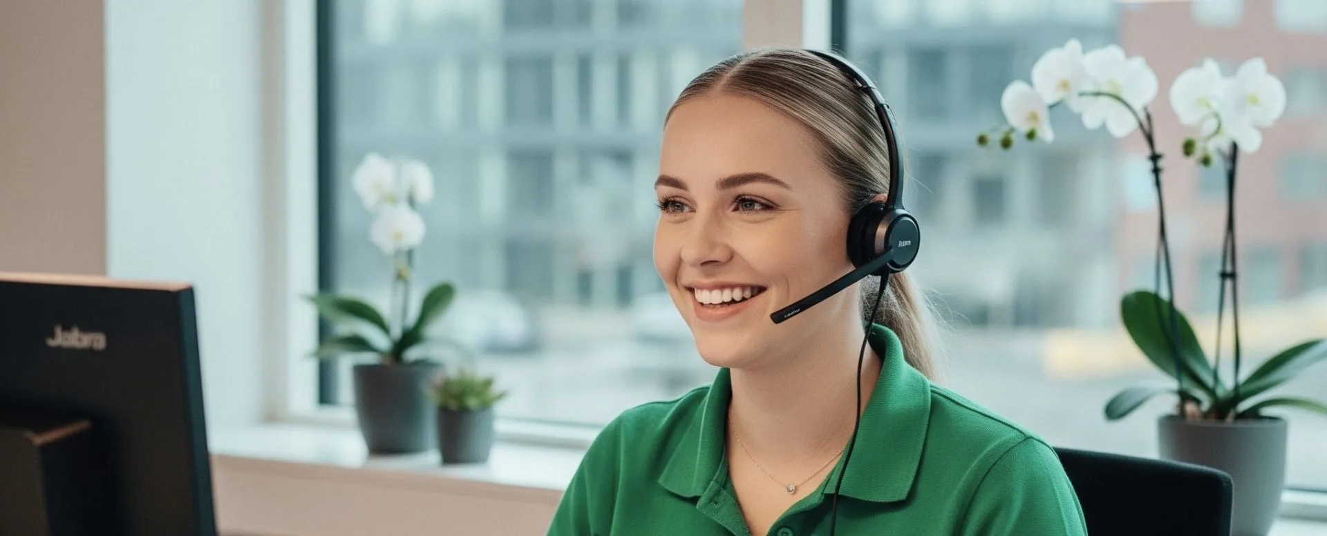 svaneklar medarbejder smiler med headset på og tager telefonopkald i lyst skandinavisk kontormiljø iført groent arbejdstoej med svaneklar logo professionel og imødekommende service