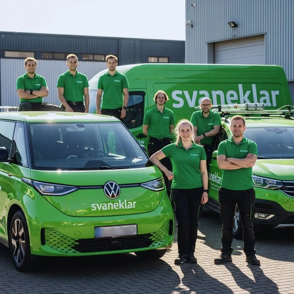 teamfoto af svane medarbejdere og servicebiler med fokus på skraeddersyet og miljøvenlig kontorrengøring for virksomheder i hele danmark